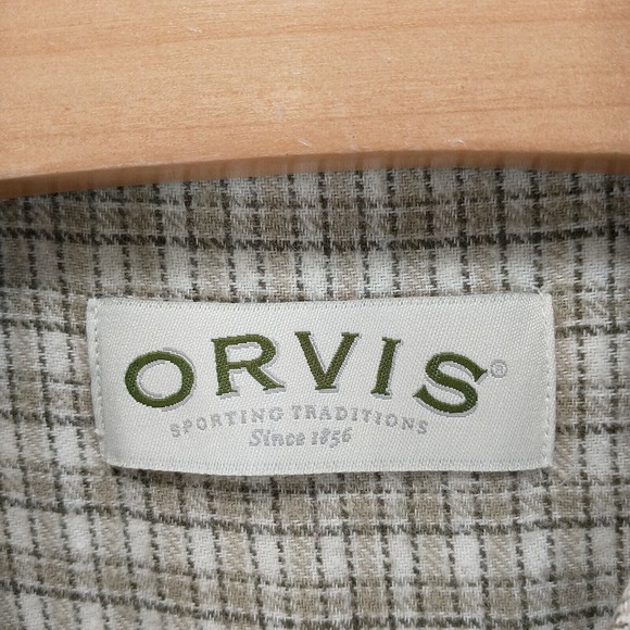 Orvis Men's Button Up Shirt Long Sleeve Tan L Checkered Cotton - Picture 9 of 12